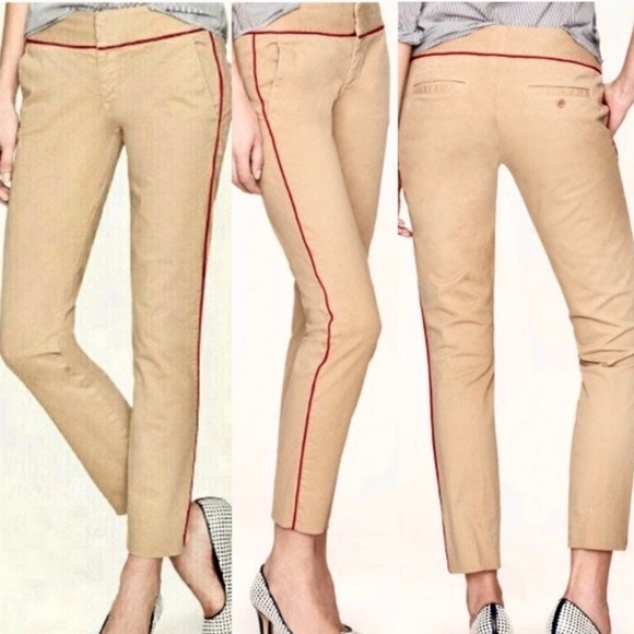 J. Crew Andie Khaki Chino Pants Cotton Tan with Red Piping Trim Size 2 - Picture 2 of 13